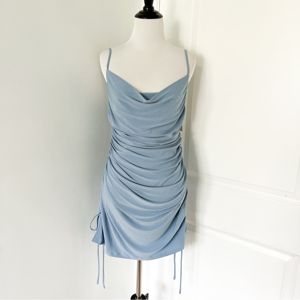Tiger Mist Blue Cowl Neck Ruched Mini Dress - XS